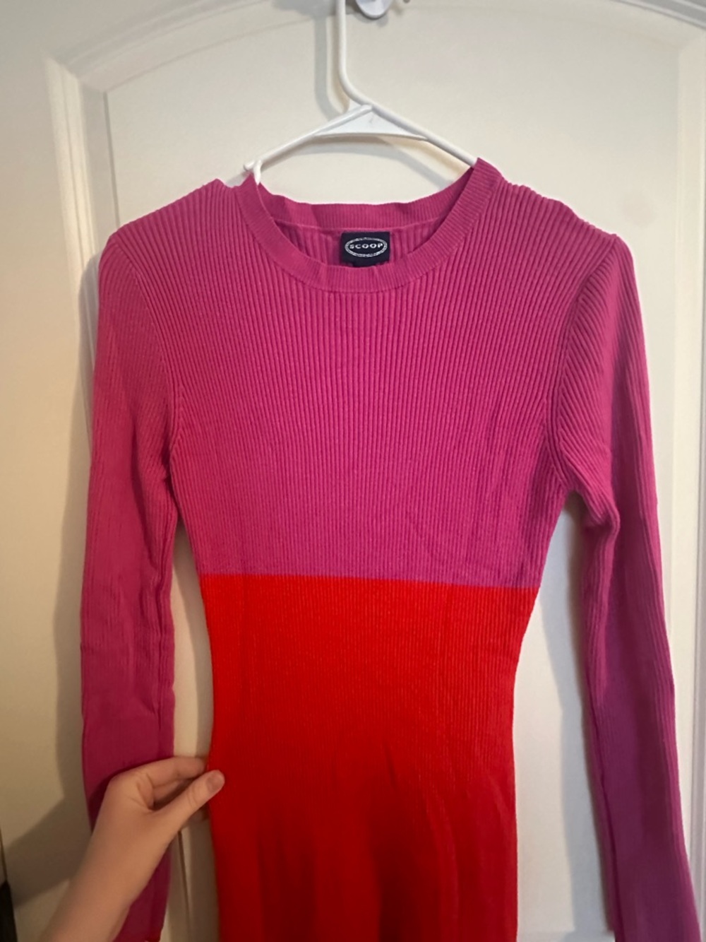 Pink and Red Long Sleeve Ribbed Bodycon Dress